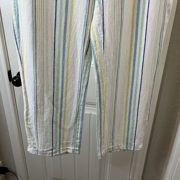 For Cynthia Striped White Teal Pull On Pants Linen Blend Womens Size PM Petite M - Picture 3 of 8